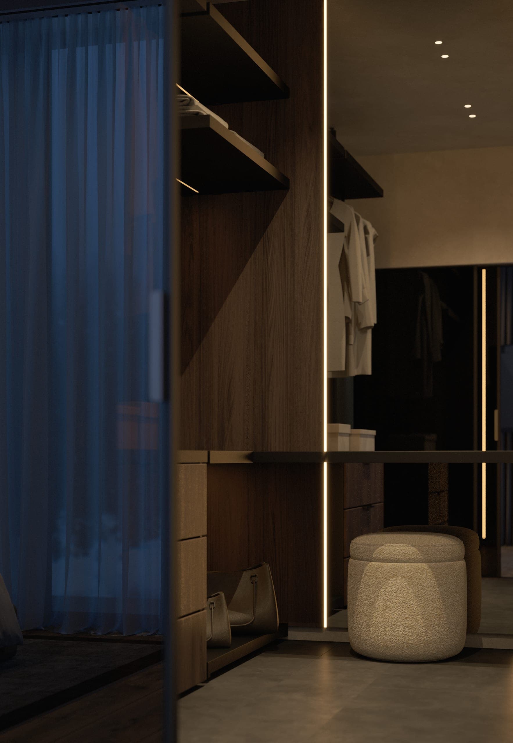 Hotel Peștera studio apartment: open wardrobe with a robe and a pouf