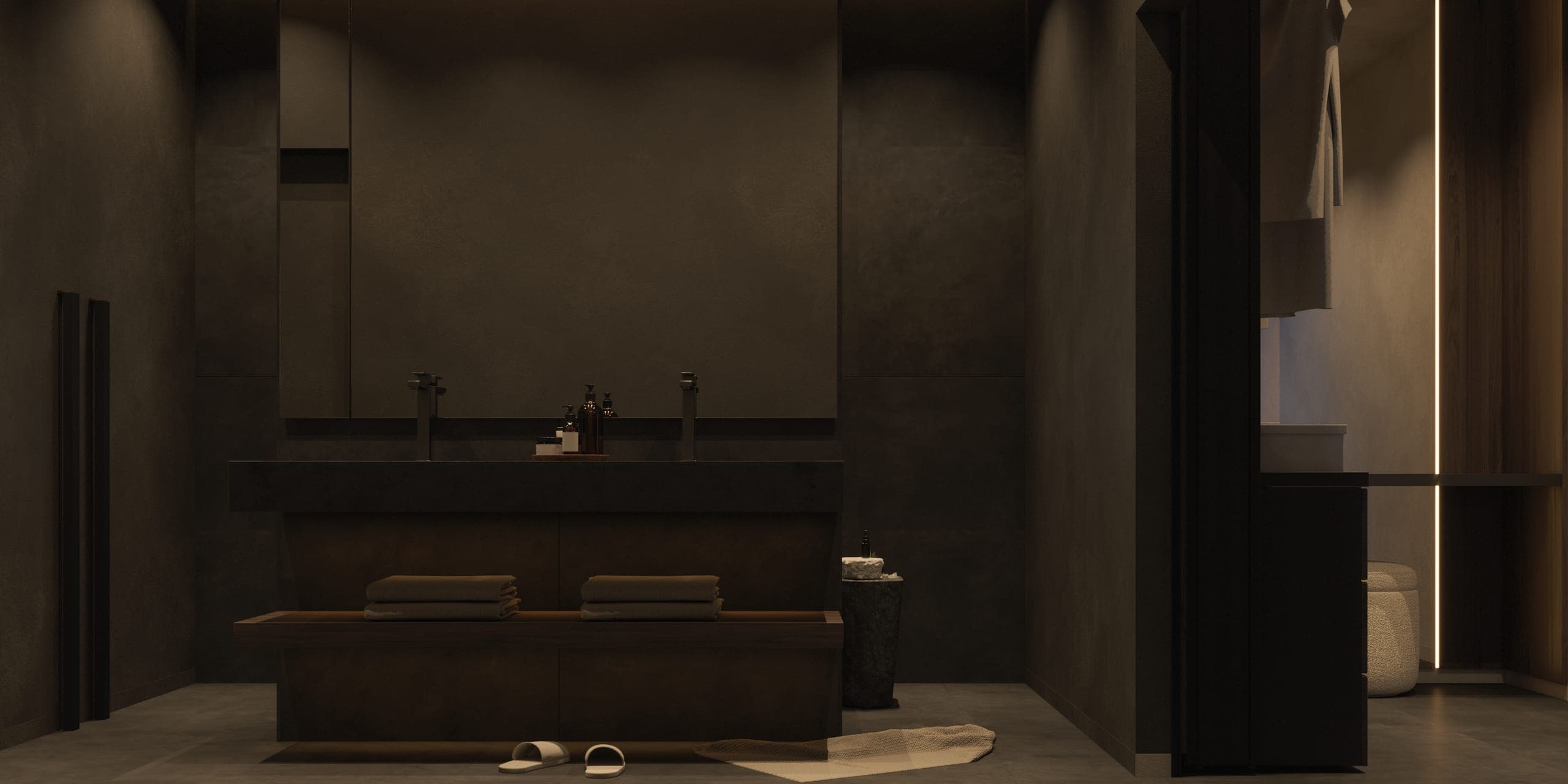 Hotel Peștera studio apartment: bathroom with a dark double vanity and open wardrobe