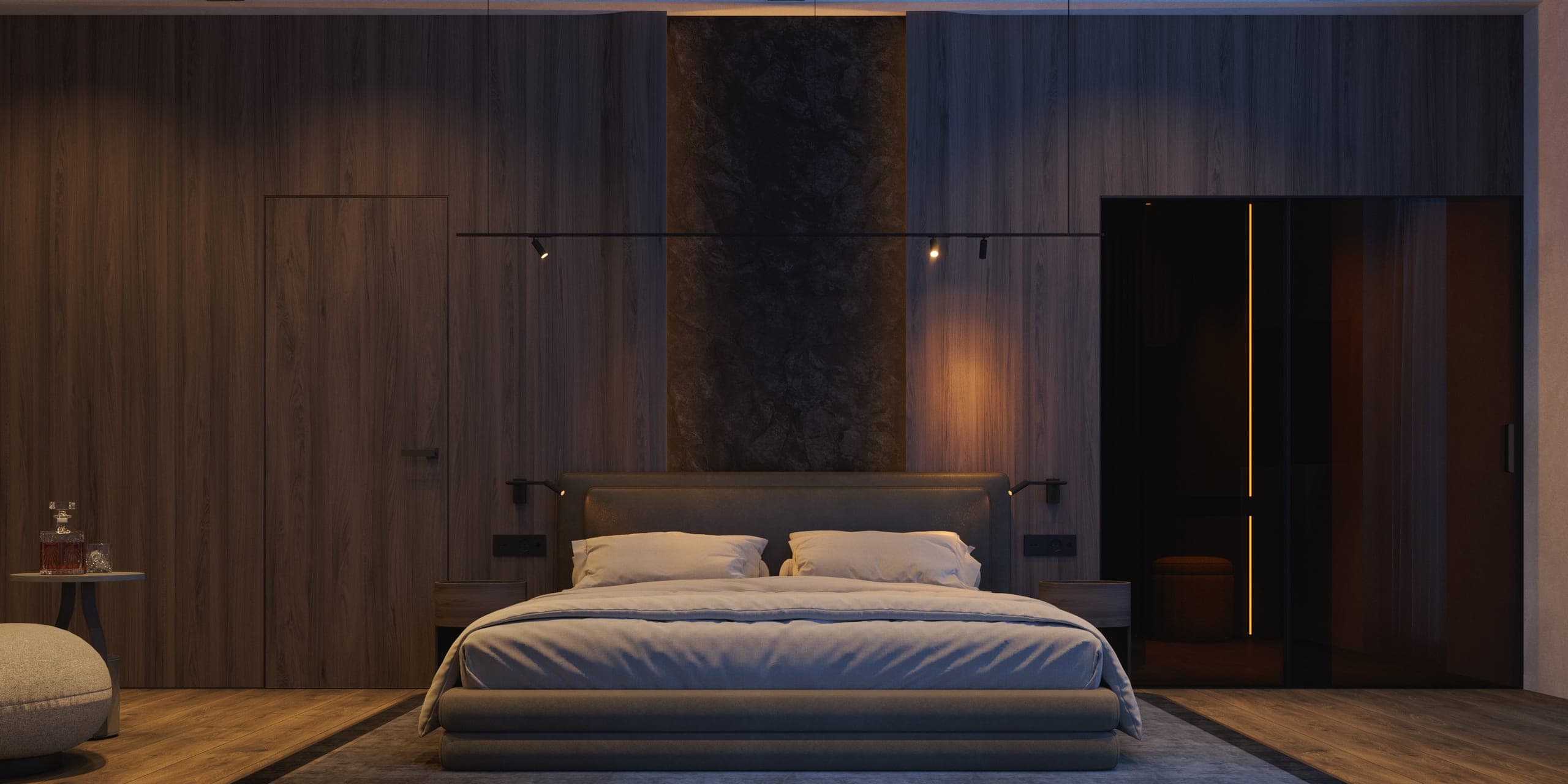 Hotel Peștera studio apartment: bed against a dark timber wall