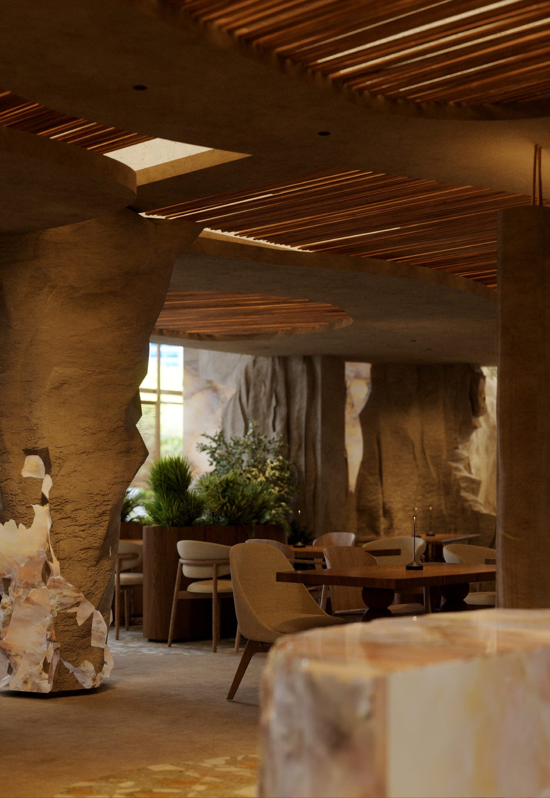 NAMI: dining area under a slatted timber ceiling