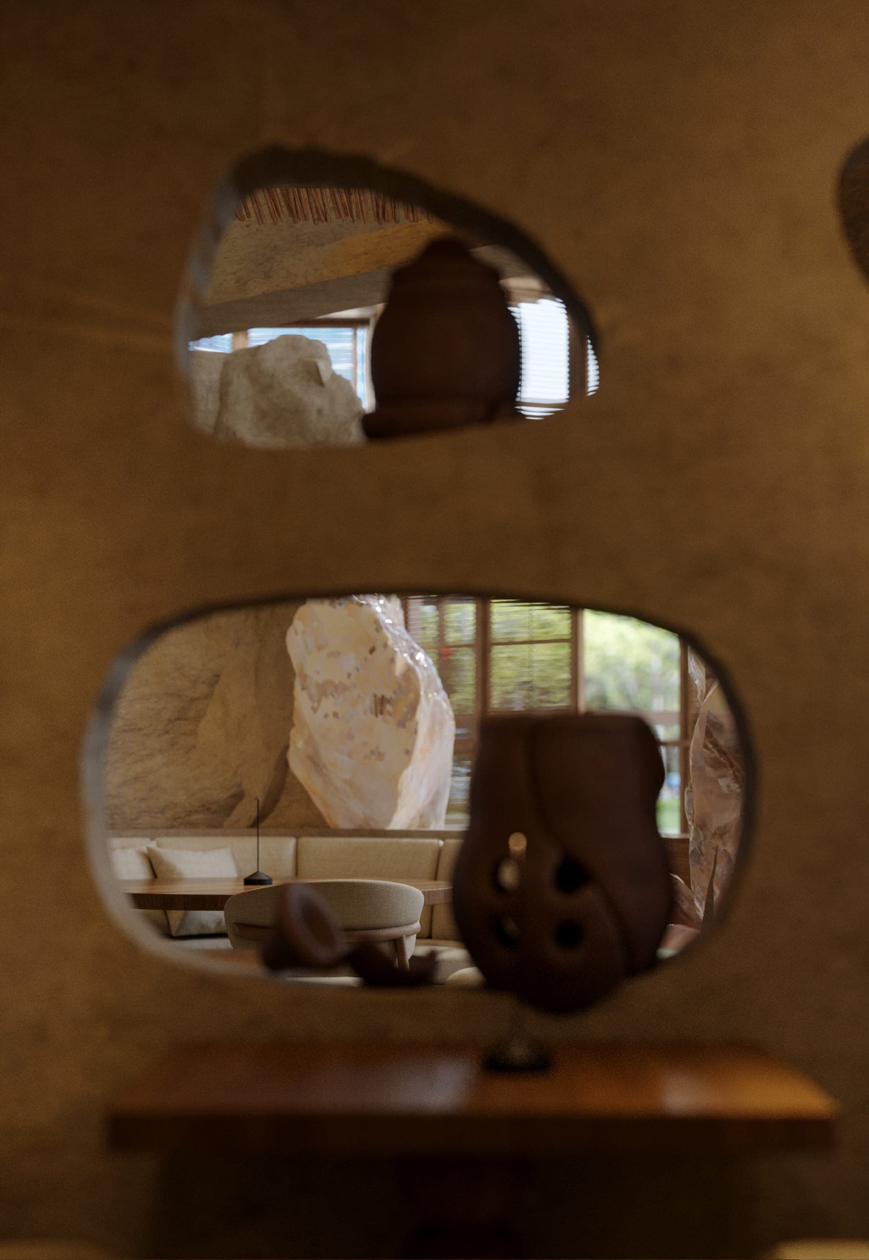 NAMI: irregular openings in a plaster wall framing ceramics