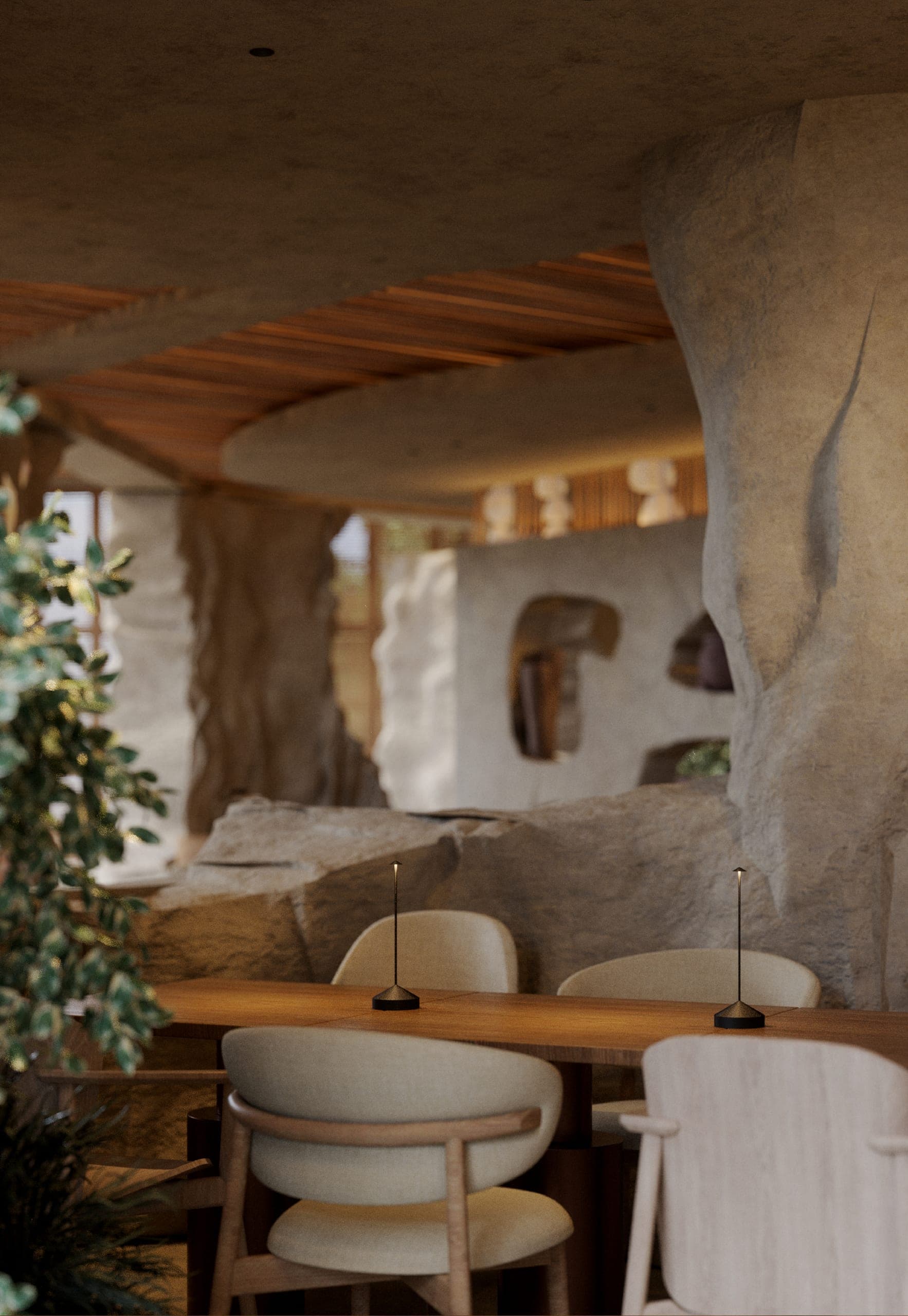 NAMI: tables beneath a circular slatted ceiling, sculpted columns around