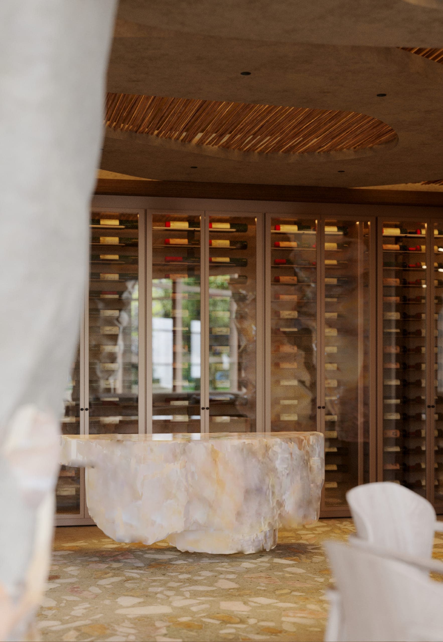 NAMI: stone counter in front of a wine wall