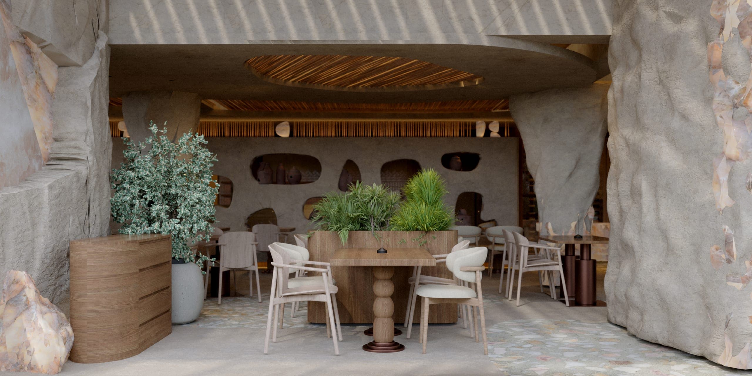 NAMI: planted centre table between rock-like columns
