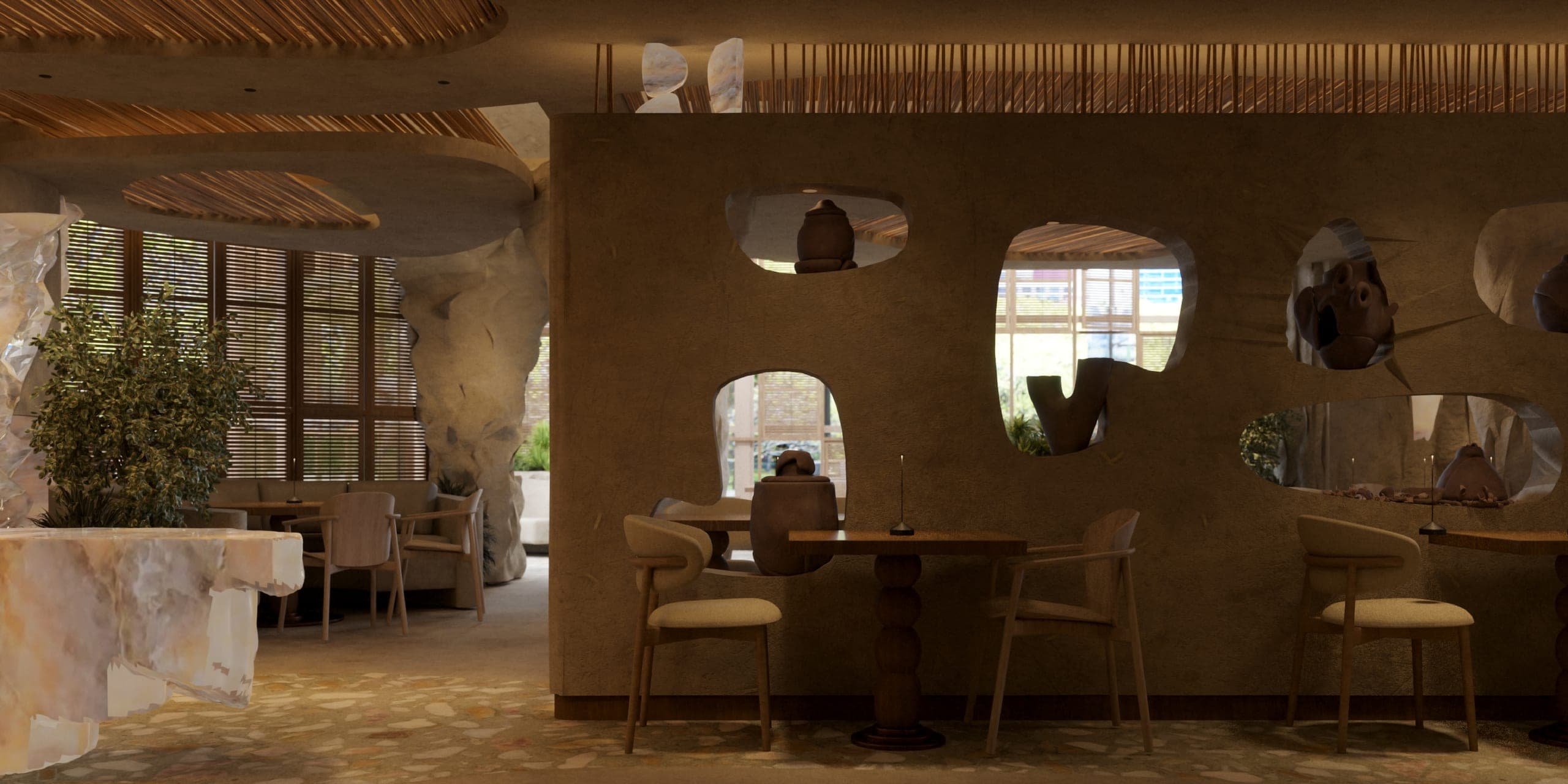 NAMI: plaster wall with irregular openings behind a table for two