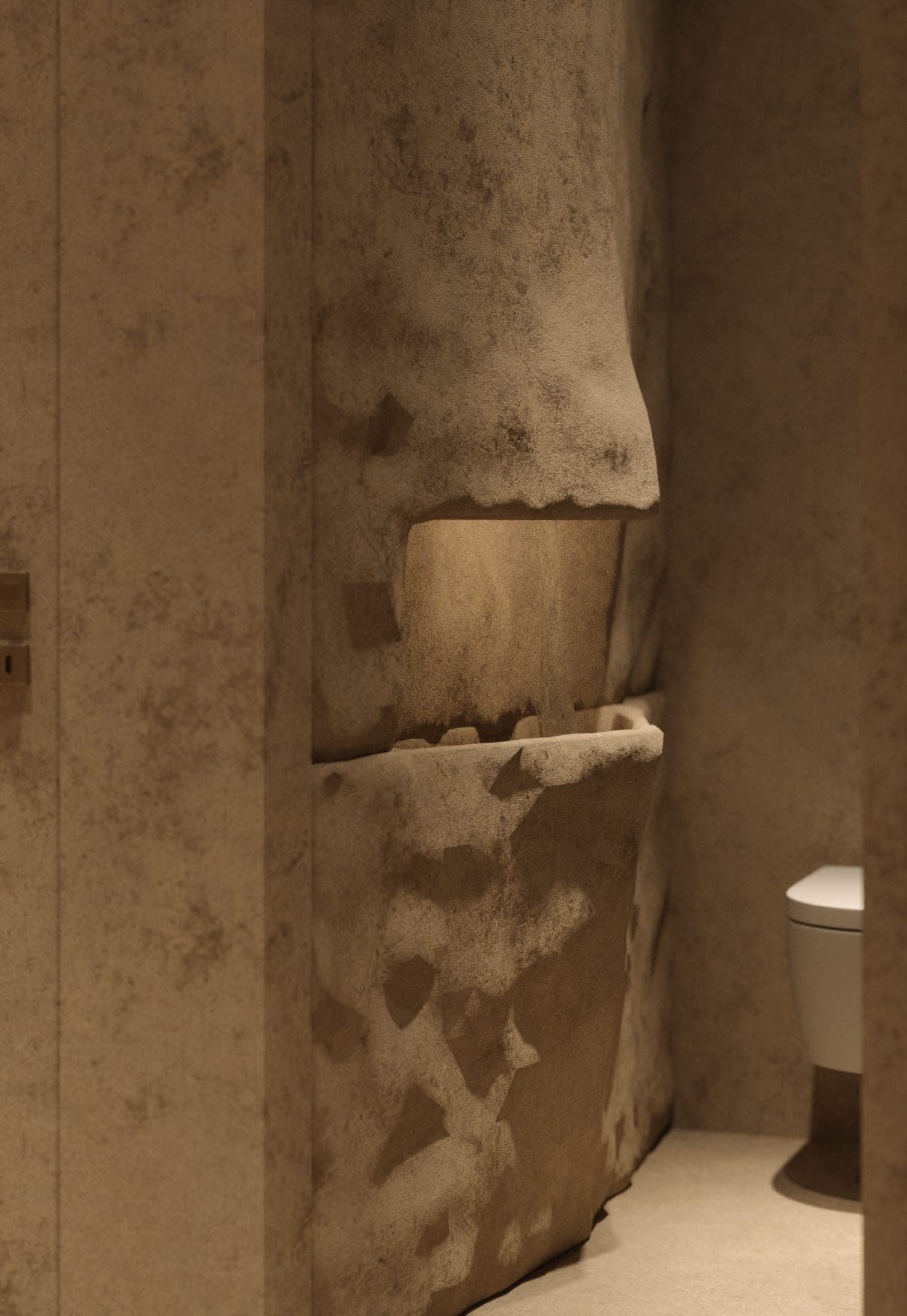 NAMI: sculpted plaster walls leading to the washroom