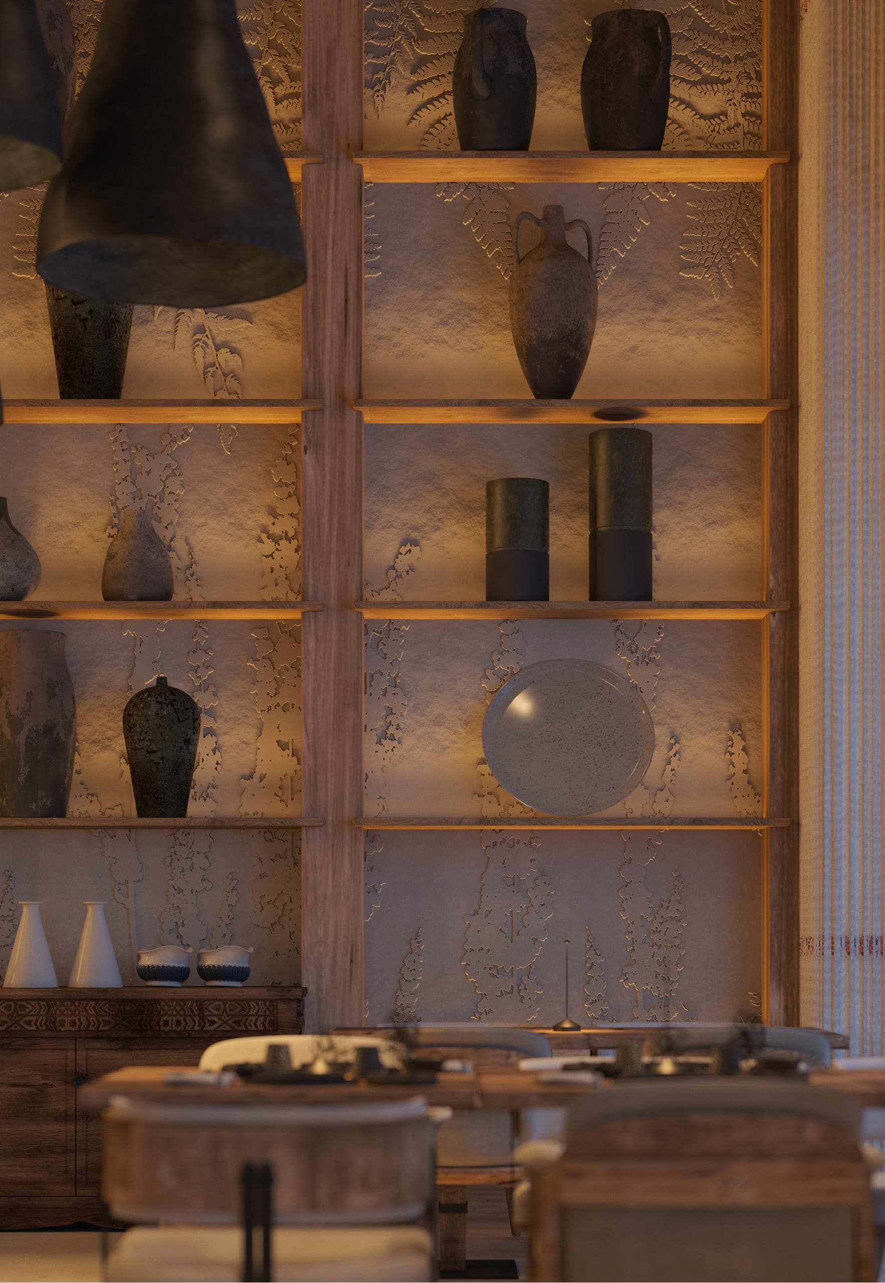 Stup Restaurant in the evening: lit shelves of ceramics