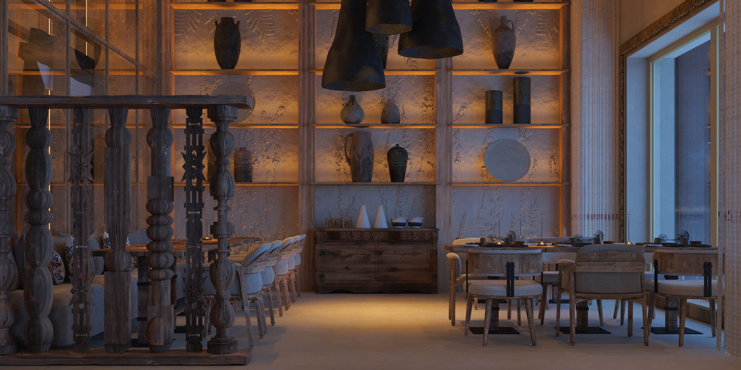 Stup Restaurant at dusk: carved balustrade and lit shelving
