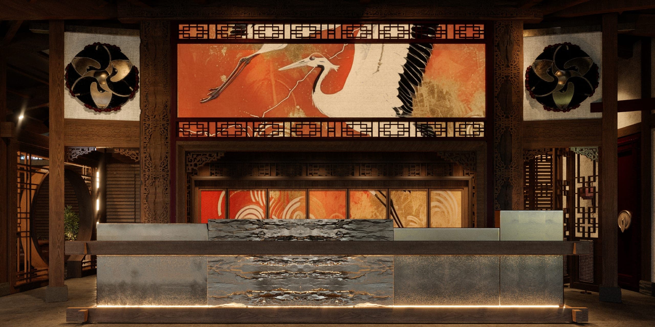 ZURU: bar in metal and stone beneath a crane mural in red and white