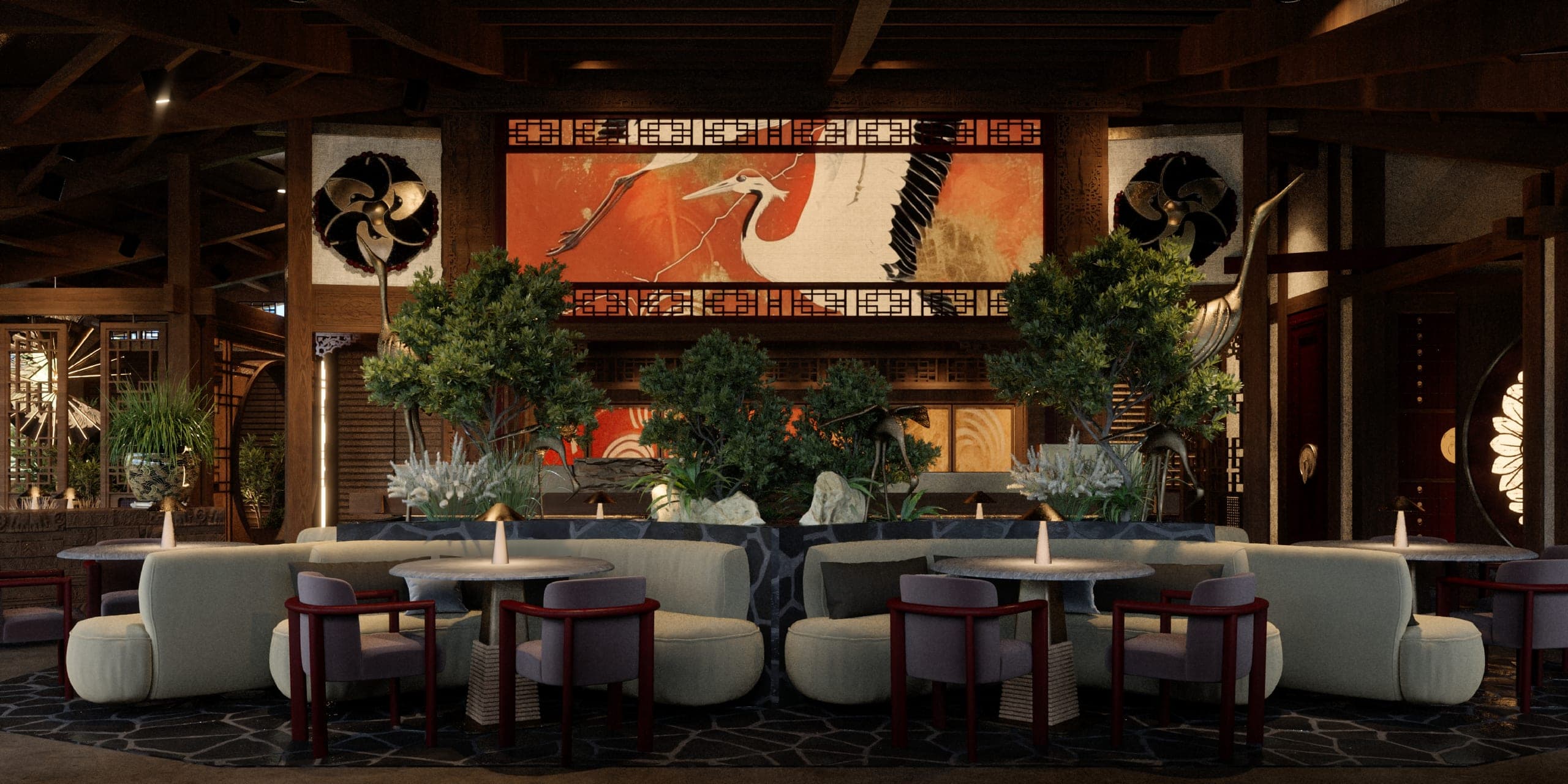 ZURU: lounge seating around a planted centrepiece beneath the crane mural