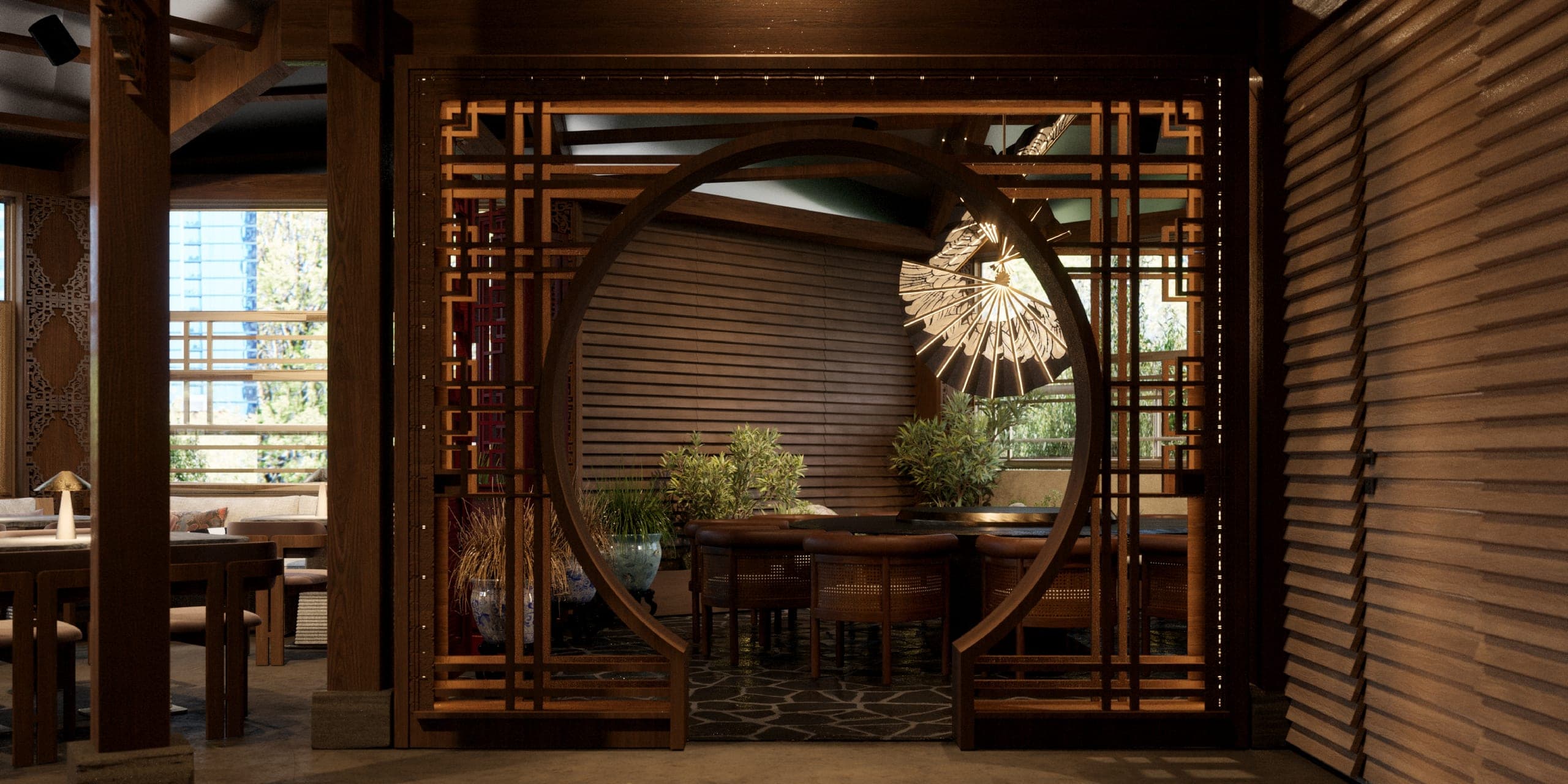 ZURU: round moon-gate screen in timber lattice framing a dining table
