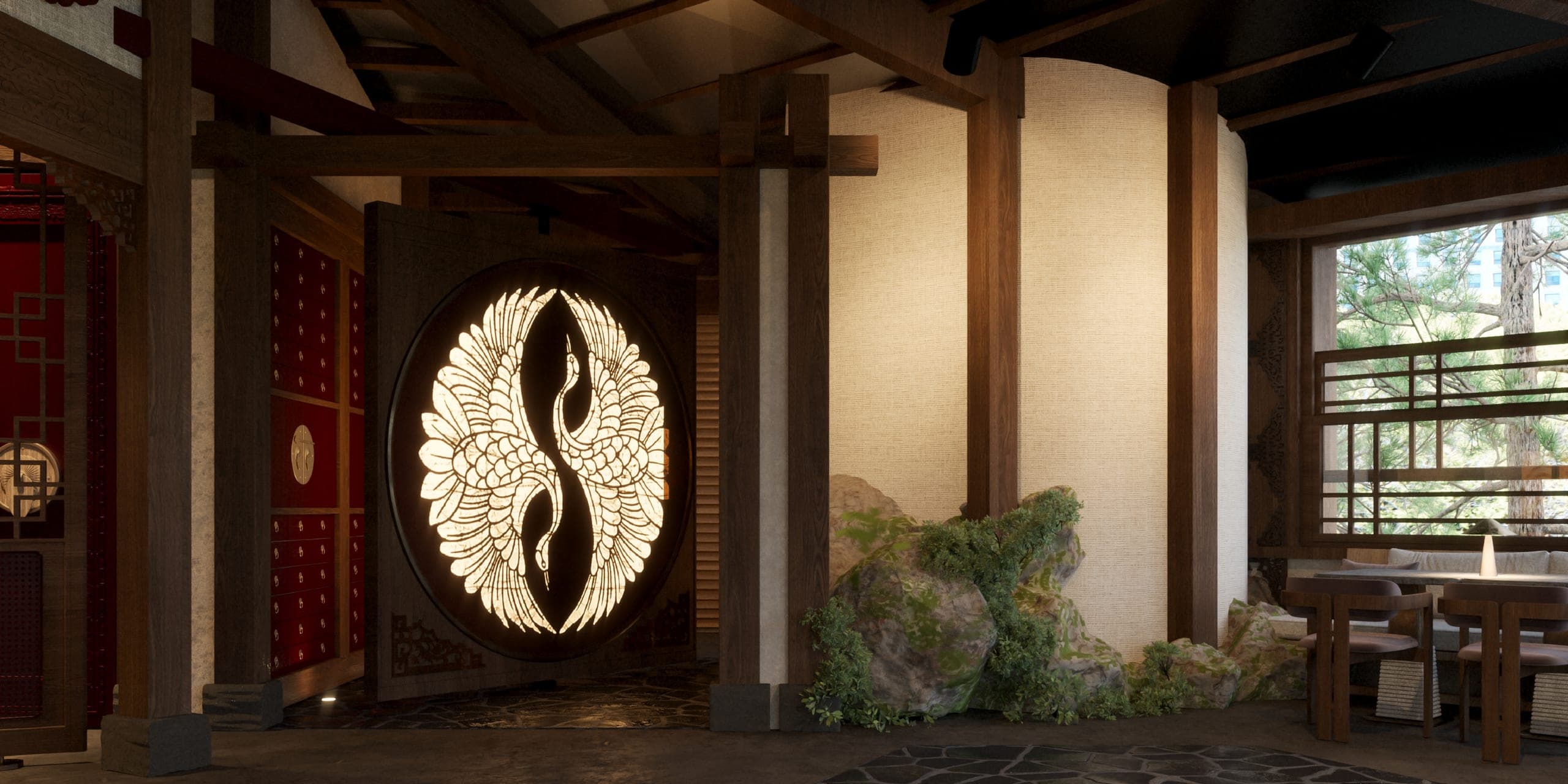 ZURU: illuminated circular crane artwork beside a rock garden