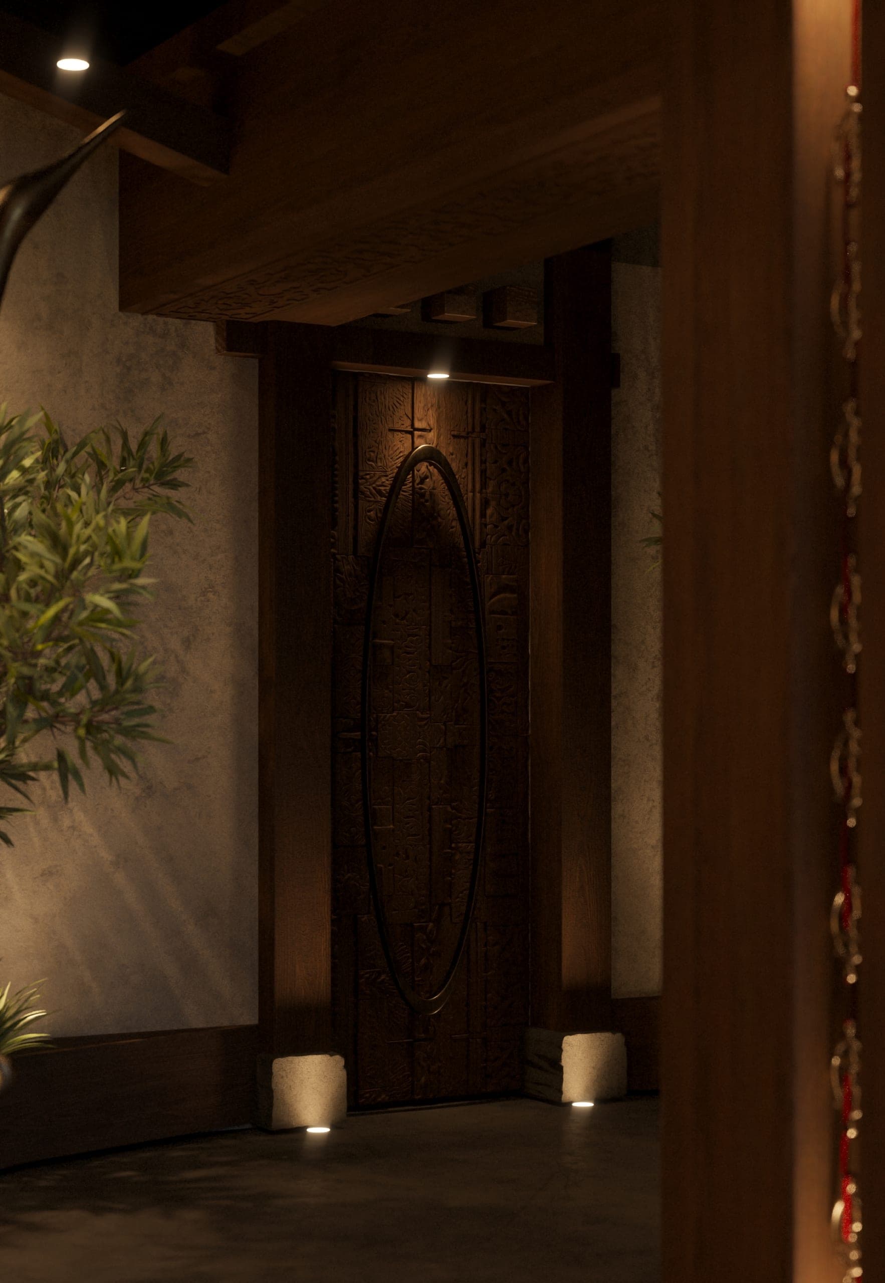 ZURU: carved timber door in a dark corridor