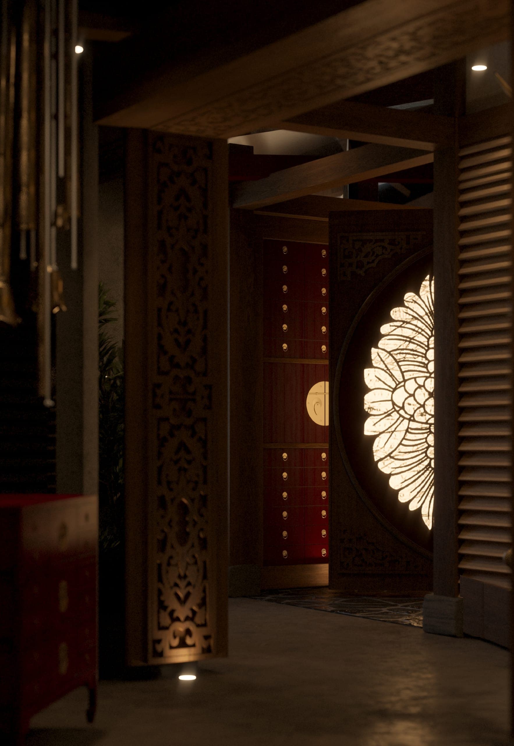 ZURU: corridor with the lit crane disc and red lacquer cabinets