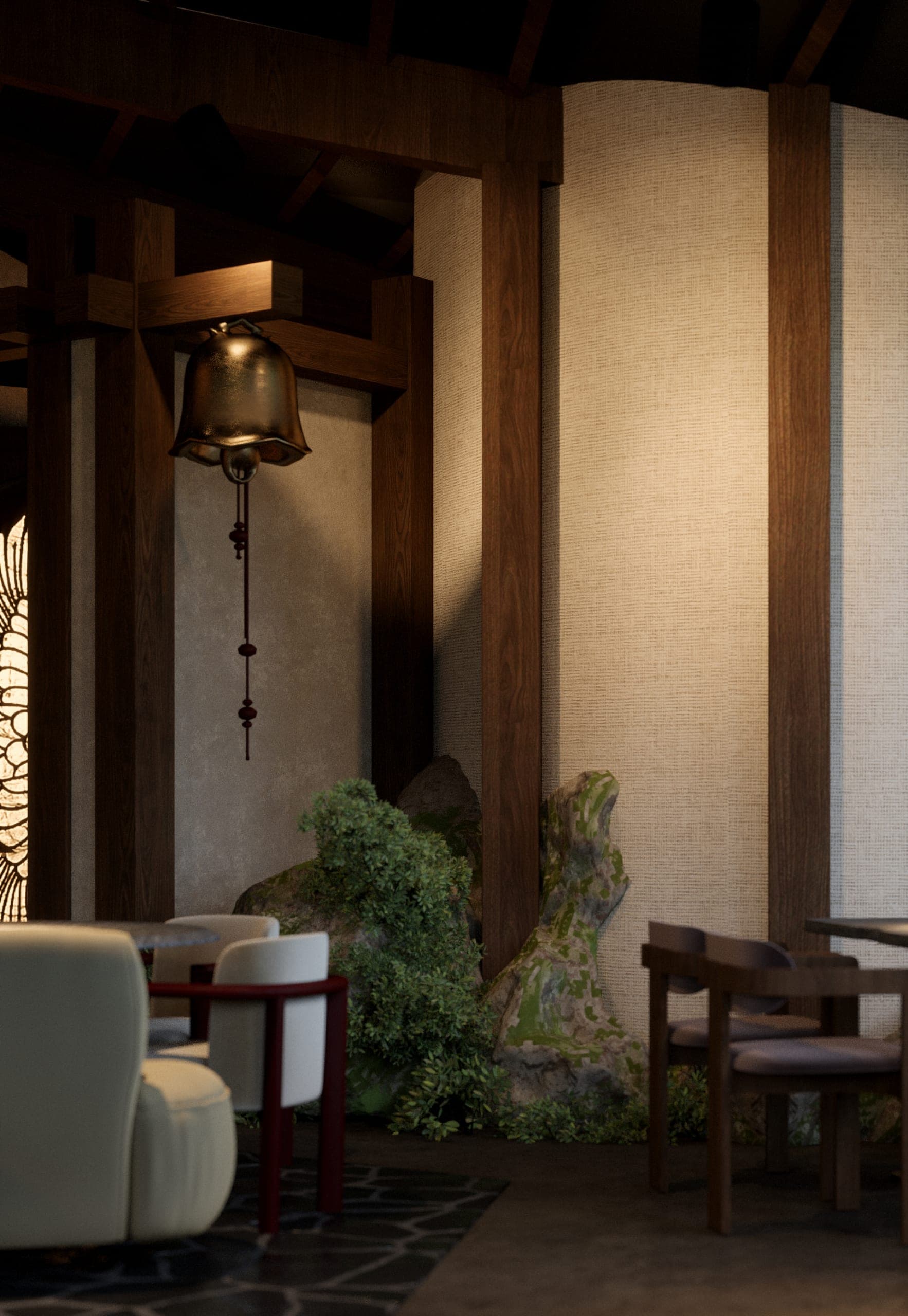 ZURU: seating nook beside a plaster column and rock garden