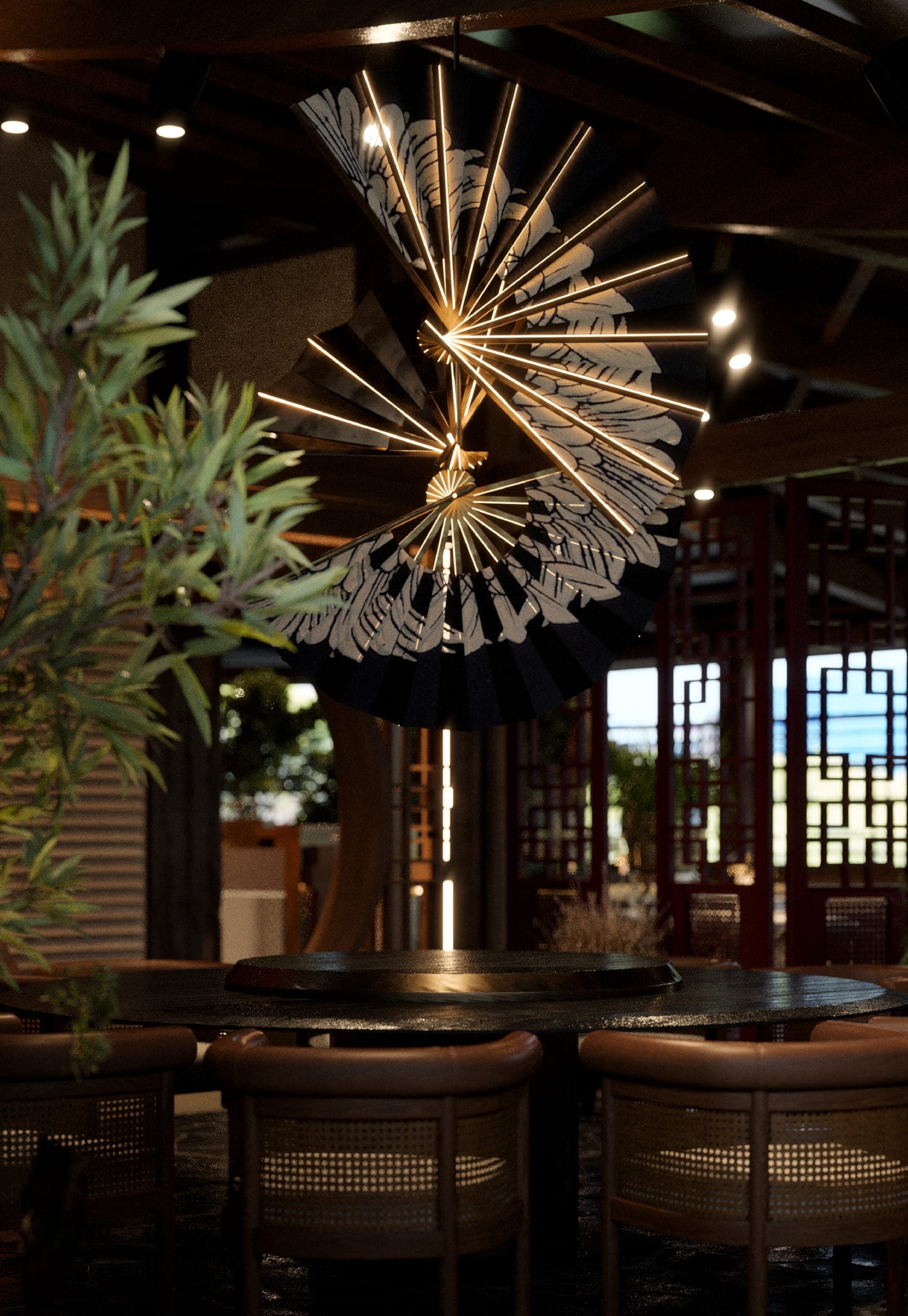 ZURU: sculptural fan-shaped chandelier above a round table