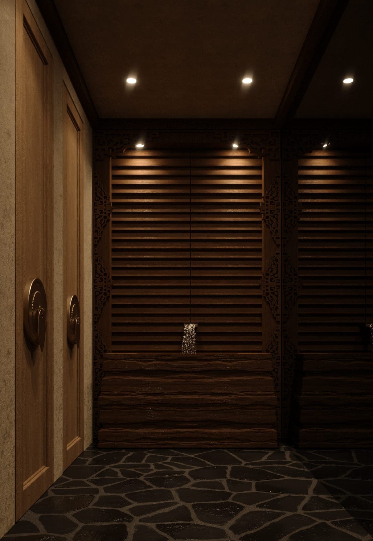 ZURU: corridor with slatted timber walls and a stone floor