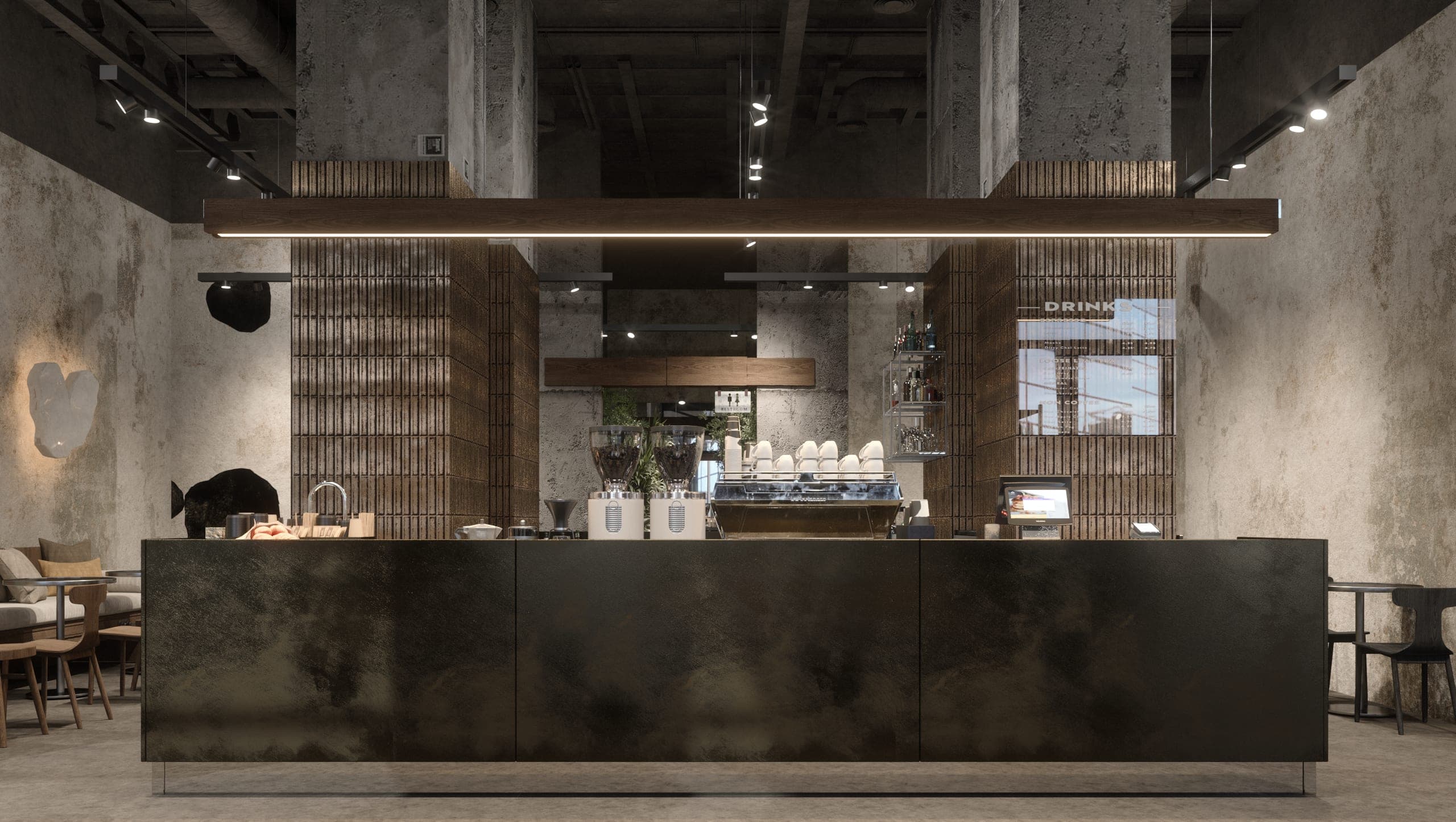 KAVO: dark steel bar under a linear pendant, with slatted columns behind