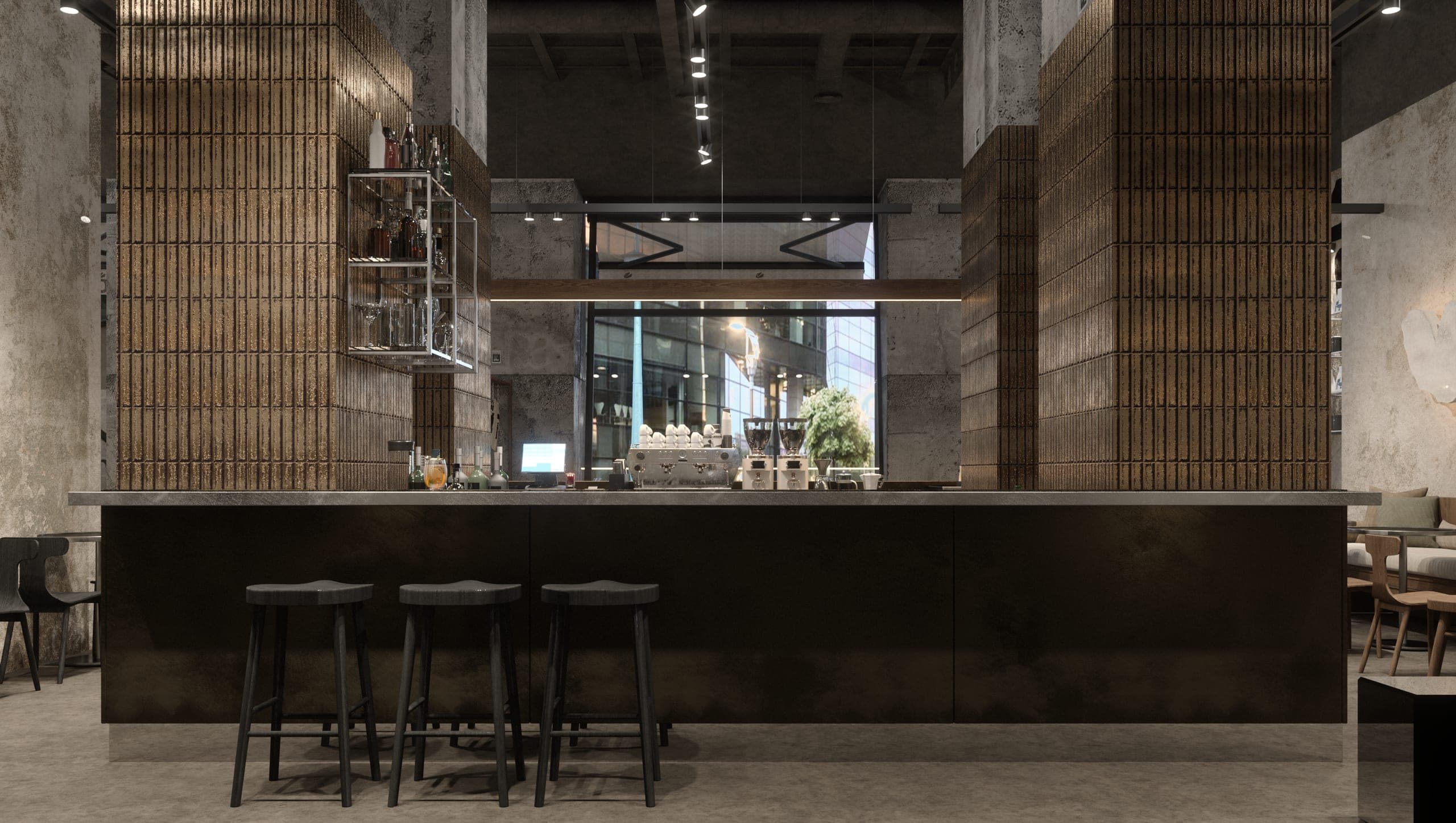 KAVO: front of the bar with three stools between slatted columns