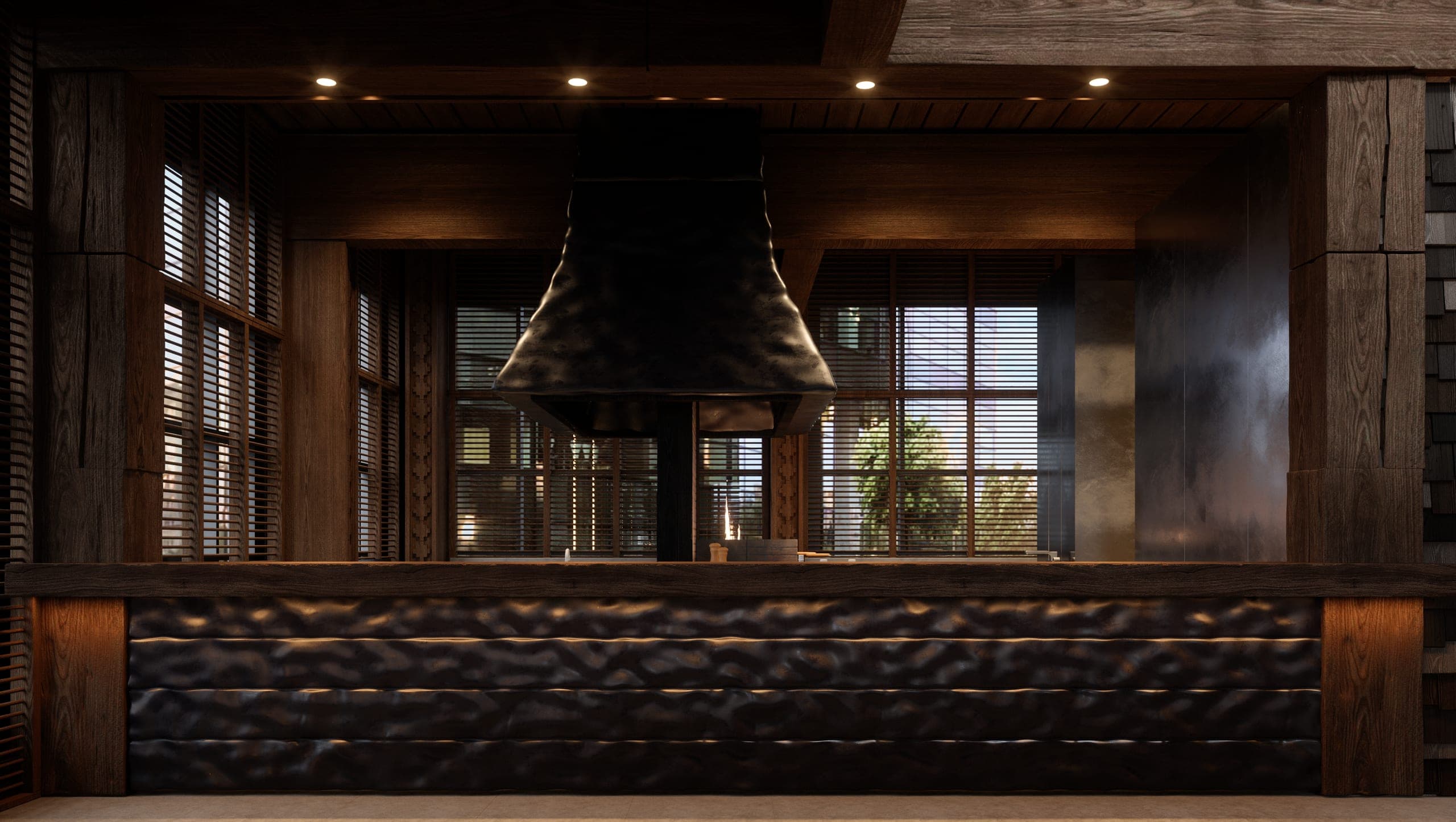 Bamboomat: bar counter in hammered dark metal facing the grill and its large hood