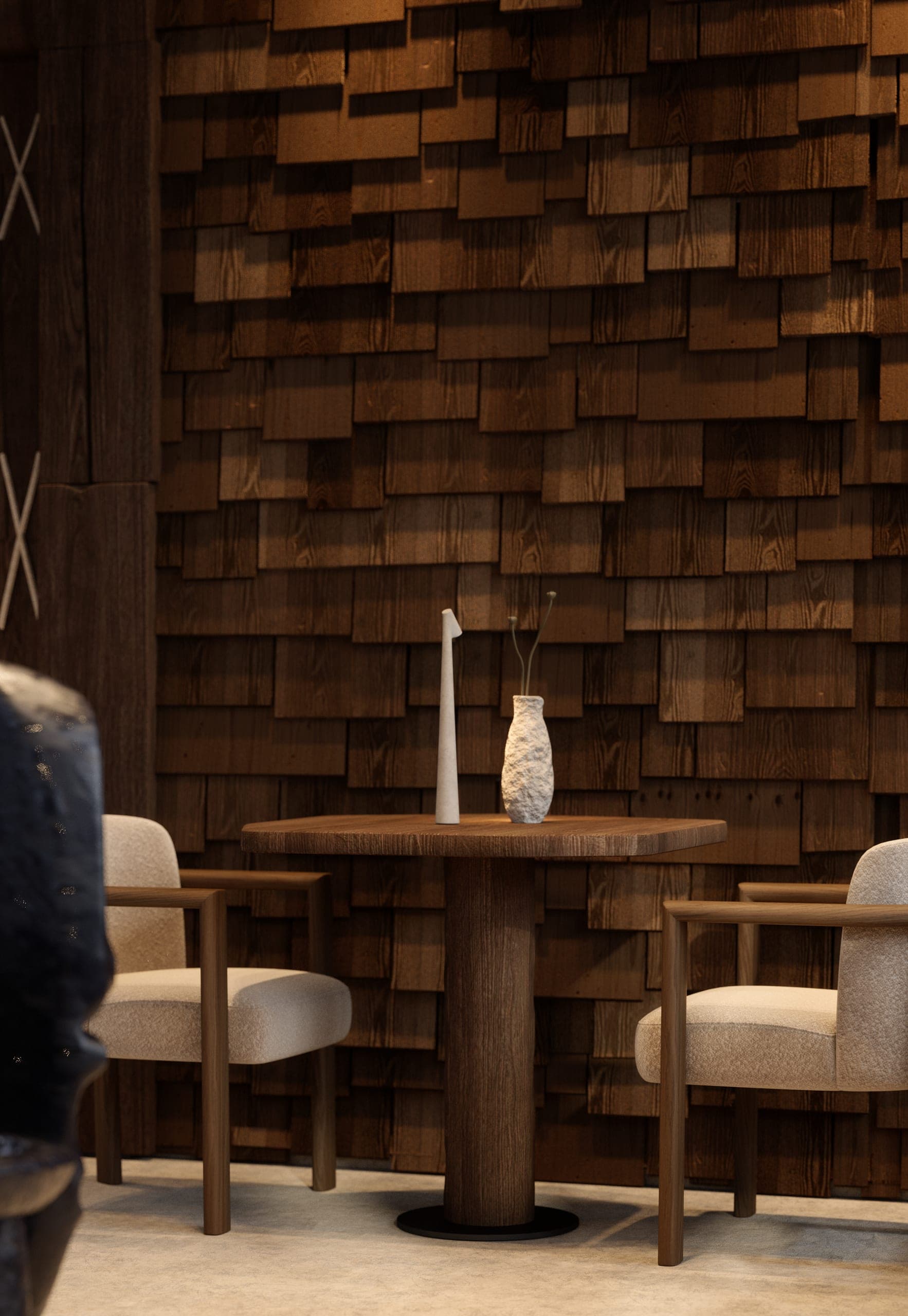 Bamboomat: table for two against a wall of charred timber shingles
