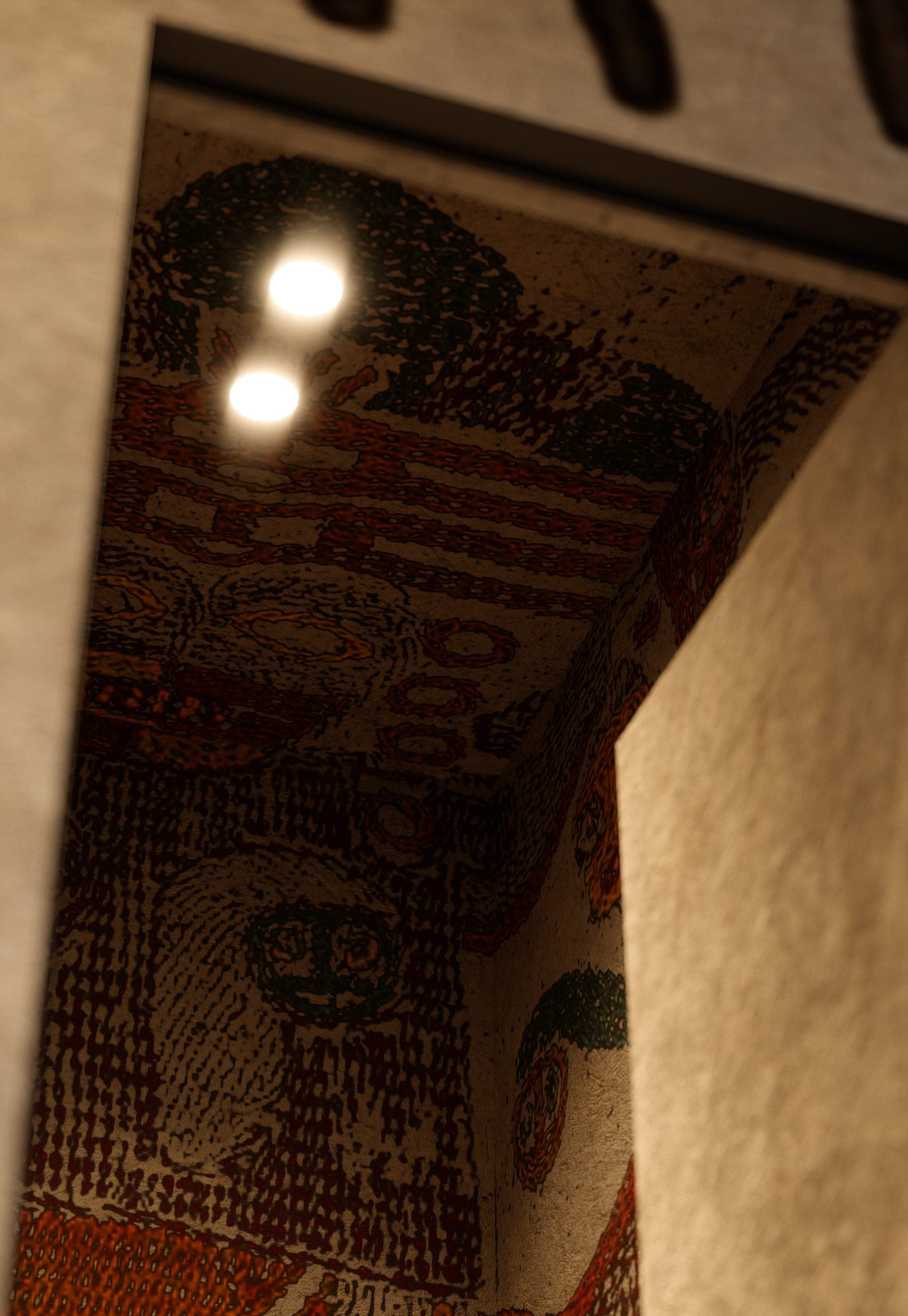 Bamboomat: mosaic ceiling detail in reds and golds