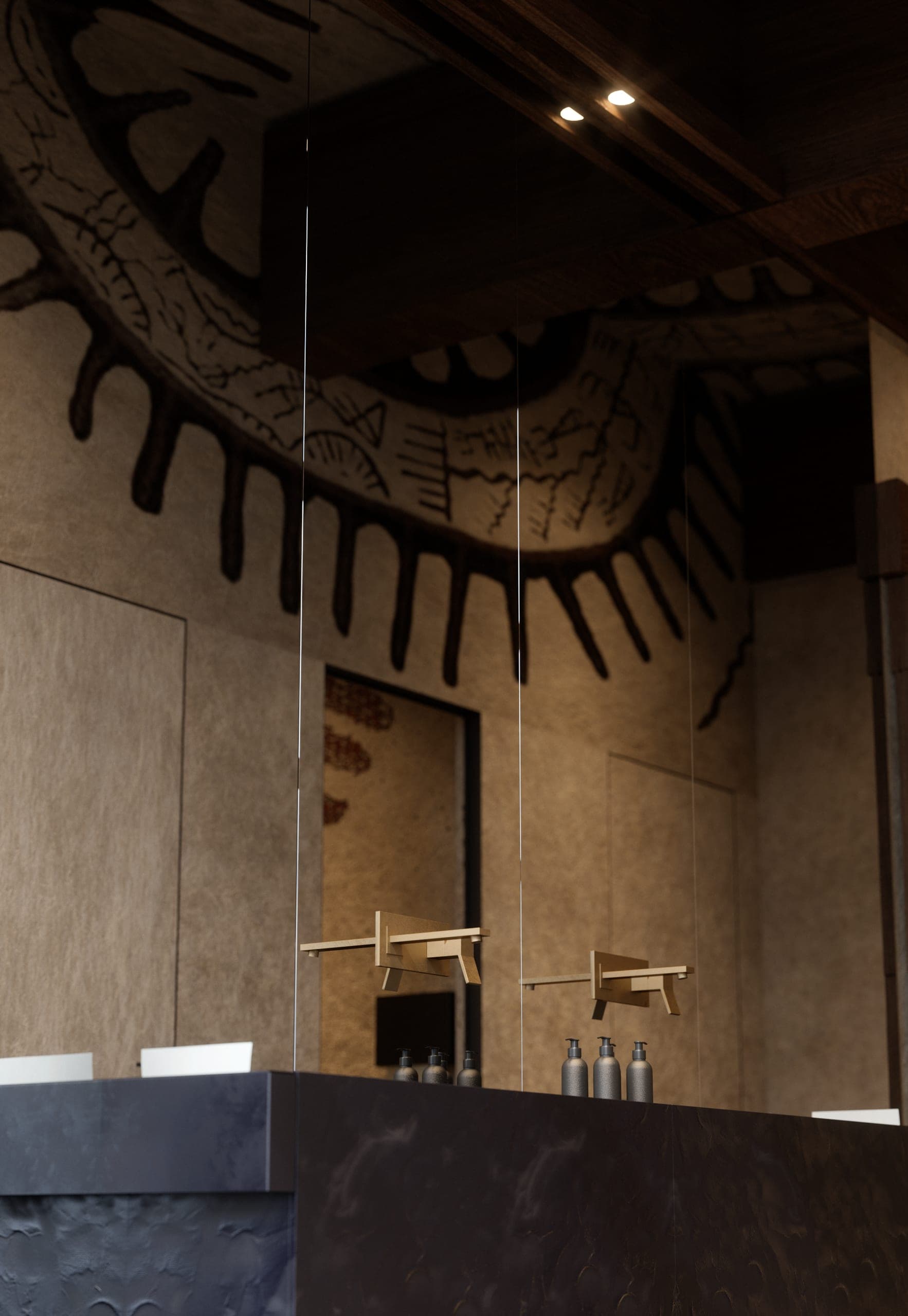 Bamboomat: washroom vanity in dark stone beneath a painted sun motif