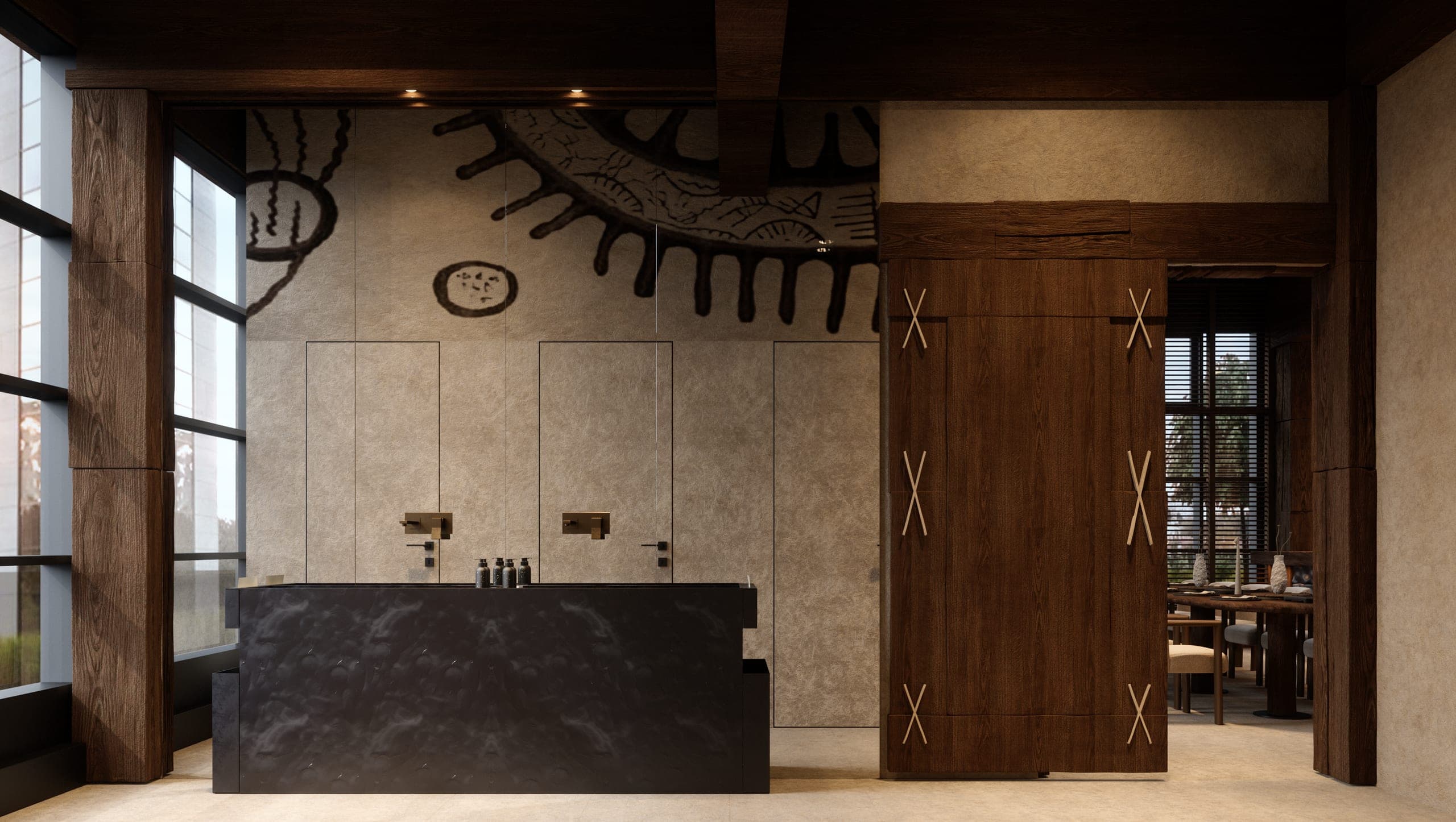 Bamboomat: washroom entrance with a dark stone basin and a sun motif painted on the wall