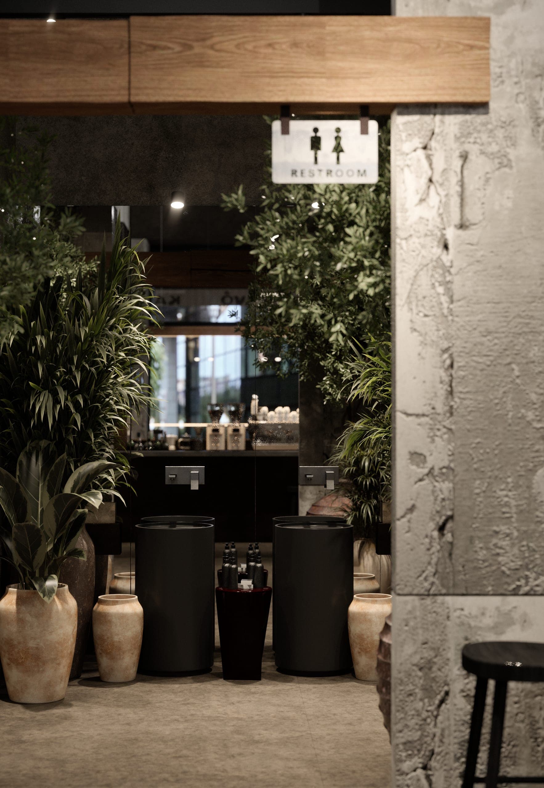 KAVO: planted passage with clay pots beneath a timber lintel