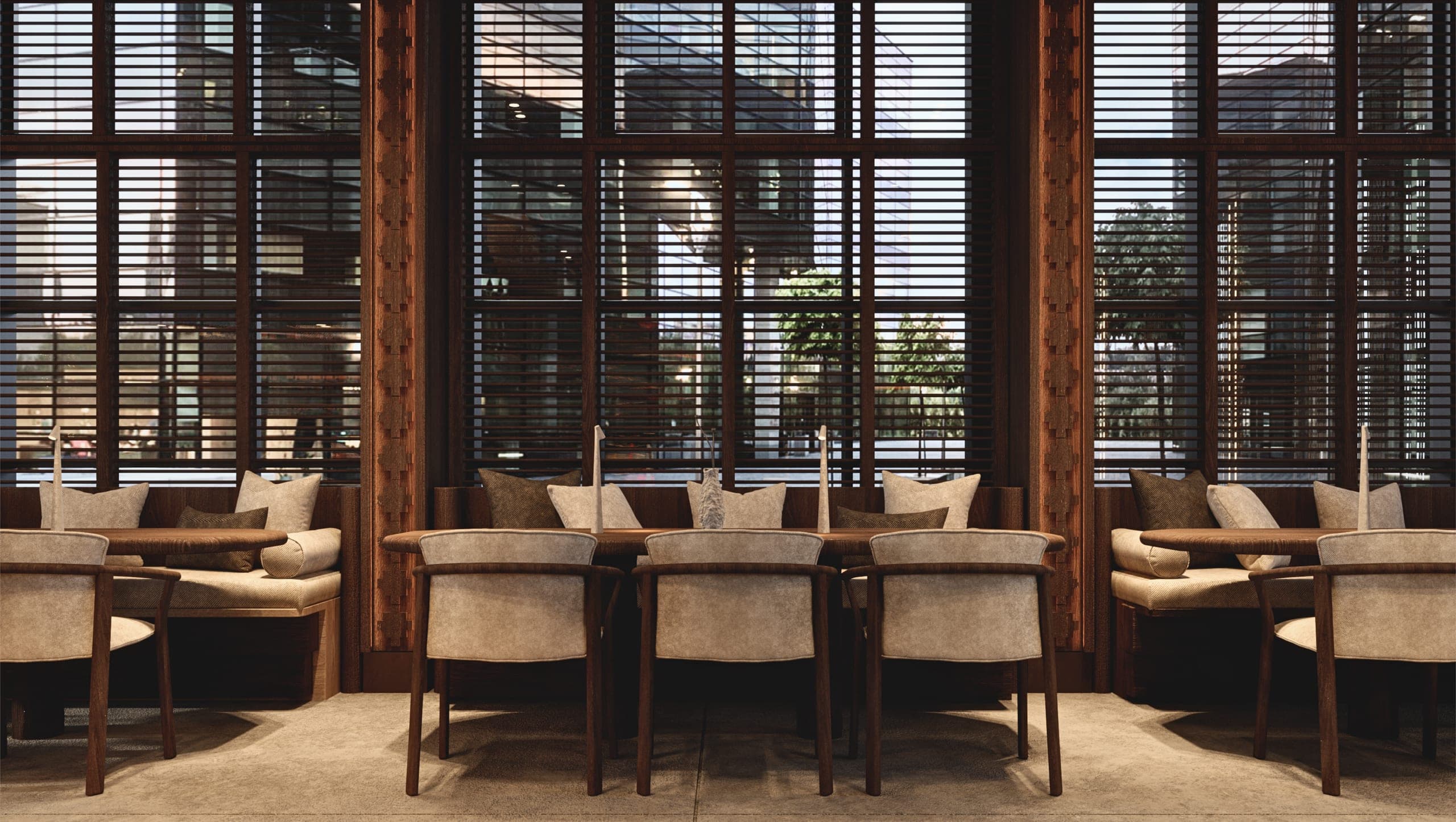 Bamboomat: banquette seating along tall gridded windows with timber blinds
