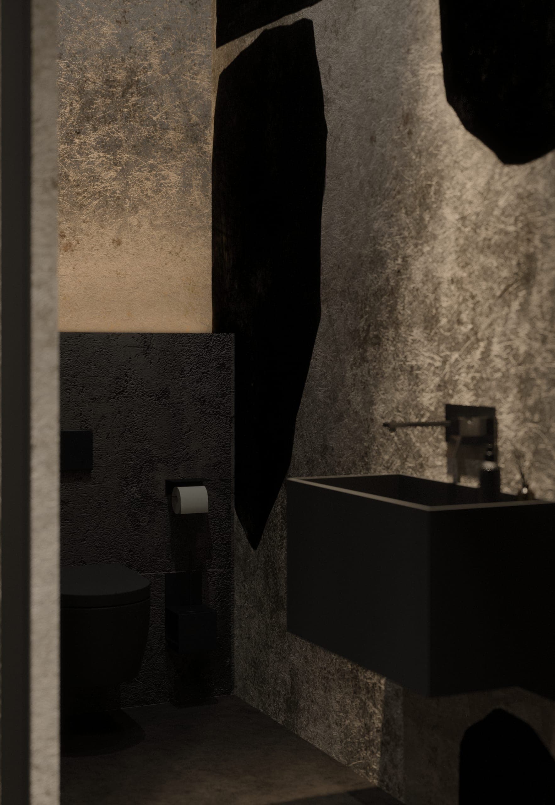 KAVO: washroom with a dark basin and rough concrete walls